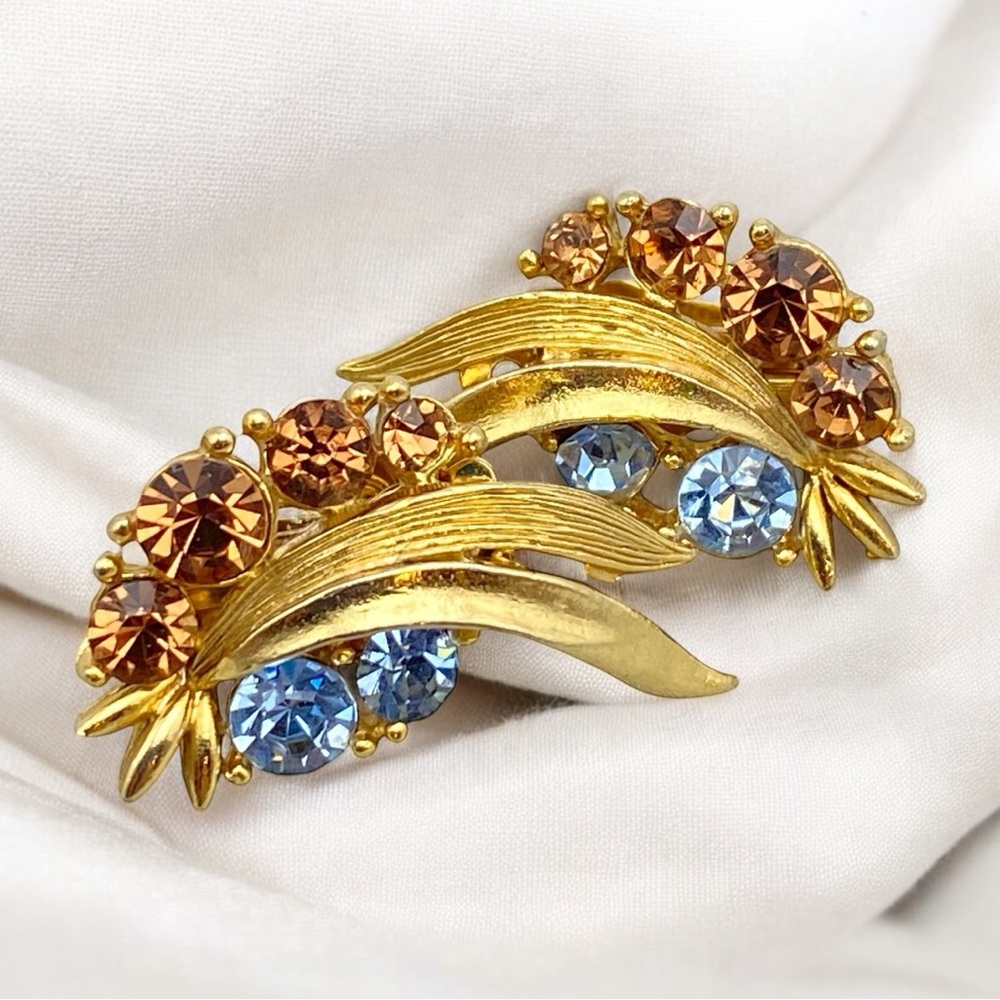 Vintage MCM Cocktail Earrings Blue and Amber Rhinestones Gold Tone Clips